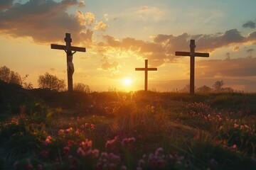 Three crosses stand tall amidst a serene field at sunset