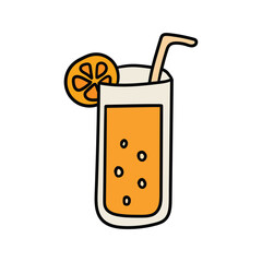 Hand drawn doodle orange juice with straw on white background.
