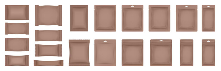 Set of realistic pouch mockups. Brown flow pack, sachet, zip bag. Soap wrapper. Sheet mask sachet. Soap or wet wipes packaging. Sugar stick	