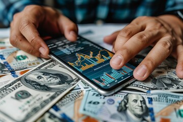 Person using smartphone on table with cash