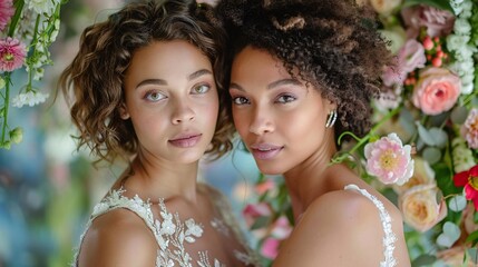 Multiracial LGBTQ couple in wedding dresses on background with flowers.