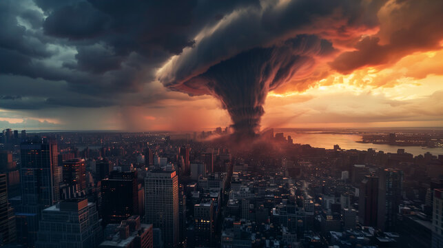 Apocalyptic cityscape with ominous storm cloud. Generative AI image