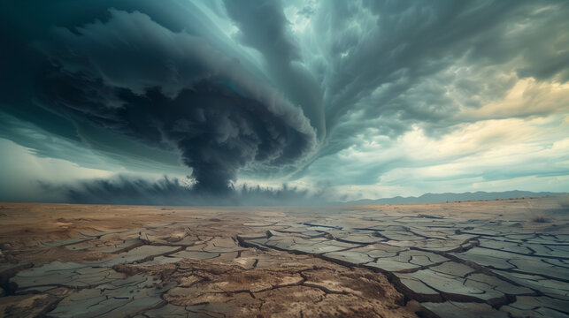 Majestic tornado over parched cracked land. Generative AI image