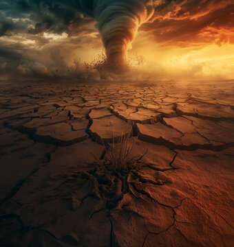 Apocalyptic tornado over cracked desert landscape. Generative AI image