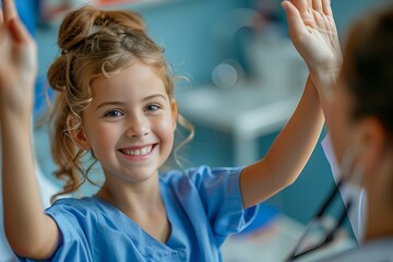 Girl in blue scrubs waving hand in front of doctor