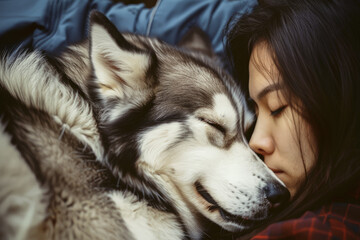 Woman and husky sharing a gentle moment. Generative AI image