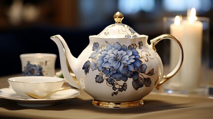 A closeup of a beautifully designed porcelain teapot with floral patterns, matching teacups, rustic table setting, warm and soft lighting 8K , high-resolution, ultra HD,up32K HD