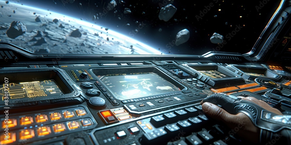 Poster innovative software developer using computer in futuristic space station