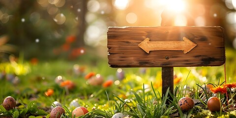 Rustic wooden sign pointing towards an Easter egg hunt. Concept Easter decorations, Outdoor activities, Spring photography, Creative prop ideas, Seasonal themes