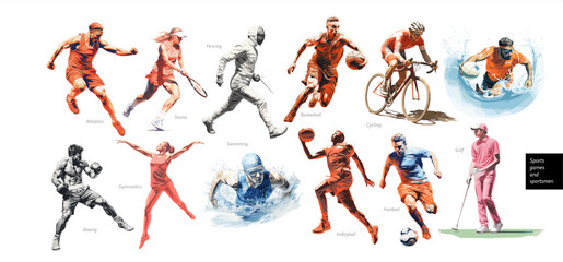 Sport and athletes at the games. Vector illustration of fencer, tennis player, boxer, basketball player, volleyball player, cyclist, swimmer, athletic, gymnast, water polo, soccer player and golfer