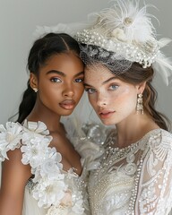 Glamour couple of multiracial LGBTQ women in wedding dresses on studio background.