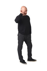 front view of a full length portrait of a man in headache pain isolated on white background