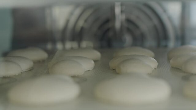 This image captures freshly made ice cream macarons moving along a conveyor belt in a modern factory setup. Close-Up View of Ice Cream Macarons in Production Line
