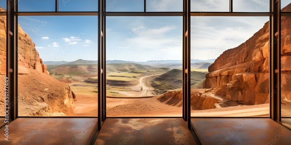Poster montage of frames displaying operations in an iron ore quarry with multiple quarry views. concept ir