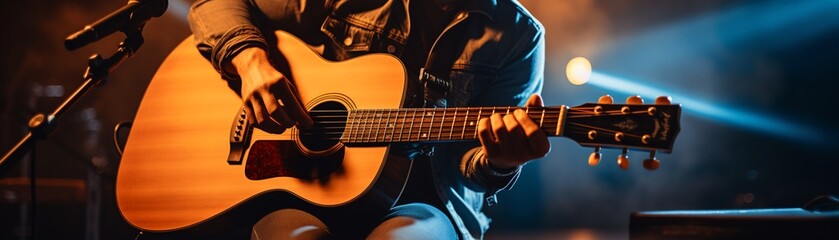 A closeup of a musician playing an acoustic guitar with a microphone positioned nearby, warm studio...