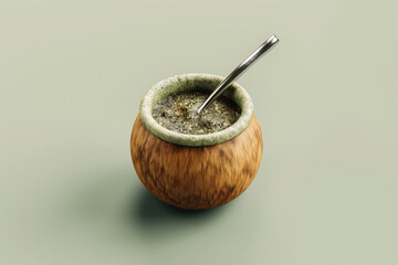 A top view photo of a mate drink with metal straw staying on the pastel background
