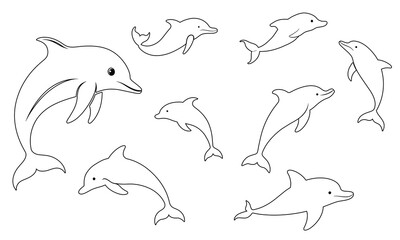Collection of outline dolphins in doodle style. Hand drawn vector art. © clelia-clelia