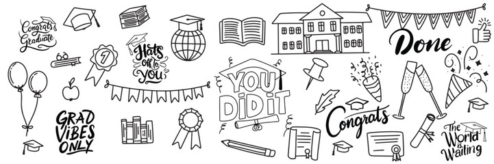 Collection of graduation doodle set icon. Hand drawn vector art. © clelia-clelia