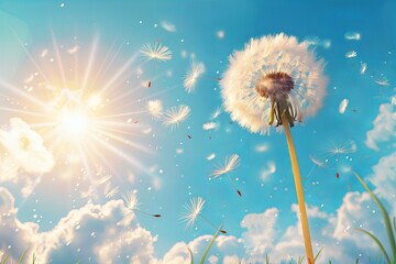 Dandelion blowing seeds wind