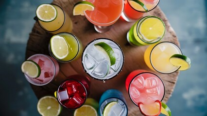 Variety of cocktails on rustic background with lime slices top view