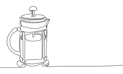 French Press one line continuous. Line art coffee French Press. Hand drawn vector art.