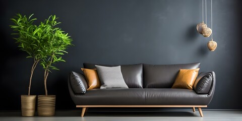 Black Walls and Leather Sofa in a Modern Living Room. Concept Modern Living Room, Black Walls, Leather Sofa