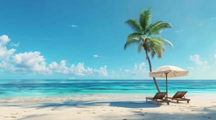 Obraz premium A serene tropical beach with clear blue skies, a palm tree, a white umbrella, and two sun loungers on pristine sand.