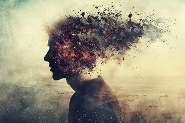 A man's face is distorted and blurred, with red splatters all over it. Concept of chaos and confusion, as if the man's thoughts are scattered and disordered
