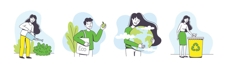 Saving Ecology with Young Man and Woman Caring about Green Planet and Nature Vector Set