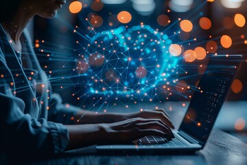 Person using laptop with network dots in background