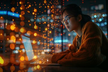 Naklejka premium Woman working on laptop in dimly lit room