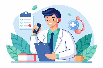 Professional male doctor calling to patient, giving treatment prescription and advice. providing modern healthcare service,flat illustraion