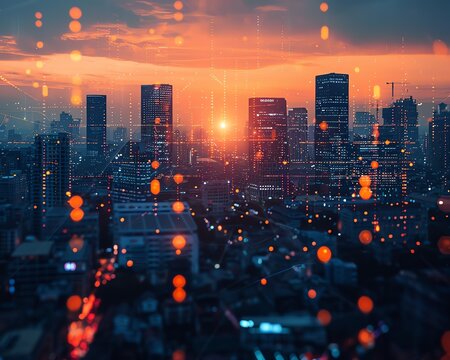 Sunset over a modern city skyline with digital overlay, highlighting the connection between urban life and technology.