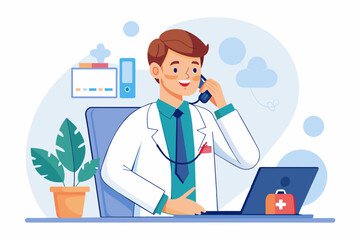 Professional male doctor calling to patient, giving treatment prescription and advice.  providing modern healthcare service,flat illustraion