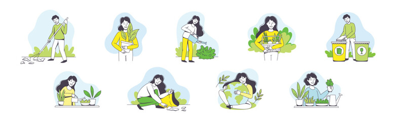 Saving Ecology with Young Man and Woman Caring about Green Planet and Nature Vector Set