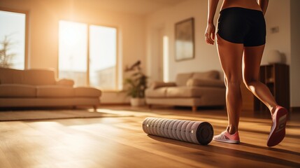 A fitnessfocused scene with a person using a foam roller, high detail, warm lighting, wooden floor, healthy lifestyle theme 8K , high-resolution, ultra HD,up32K HD