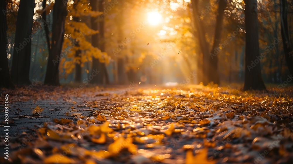 Sticker a path in a park with leaves on the ground and the sun shining through the trees behind it