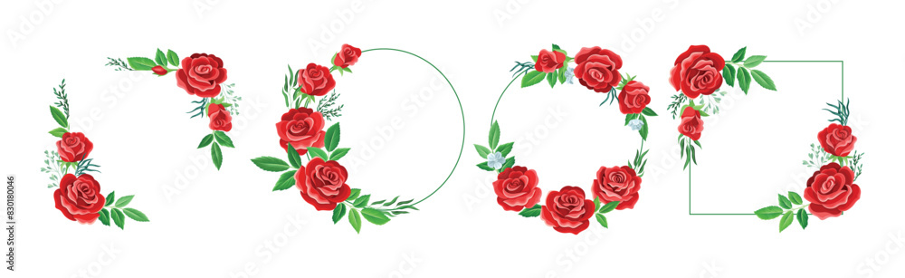 Poster rose frame with red lush bud and green leaves arranged in shape with border vector set