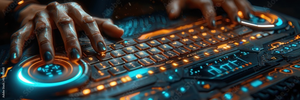 Poster a developers hands interact with a glowing futuristic keyboard, innovating software