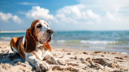 Basset hound relaxing on the shore during the warmer months