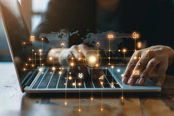 Naklejka premium Person using laptop with world map and icons