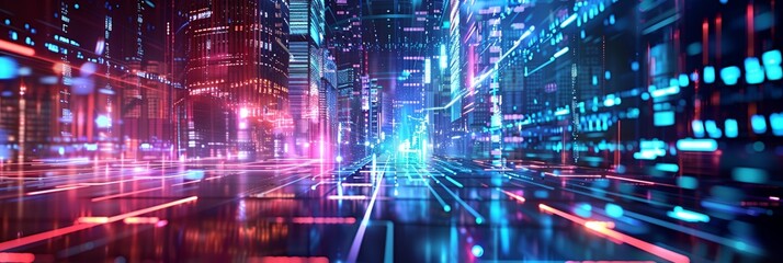 Obraz premium a city with neon lights and buildings in the background