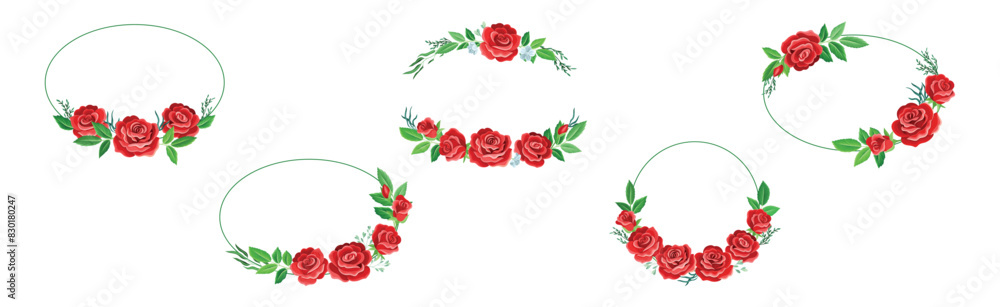 Poster rose frame with red lush bud and green leaves arranged in shape with border vector set