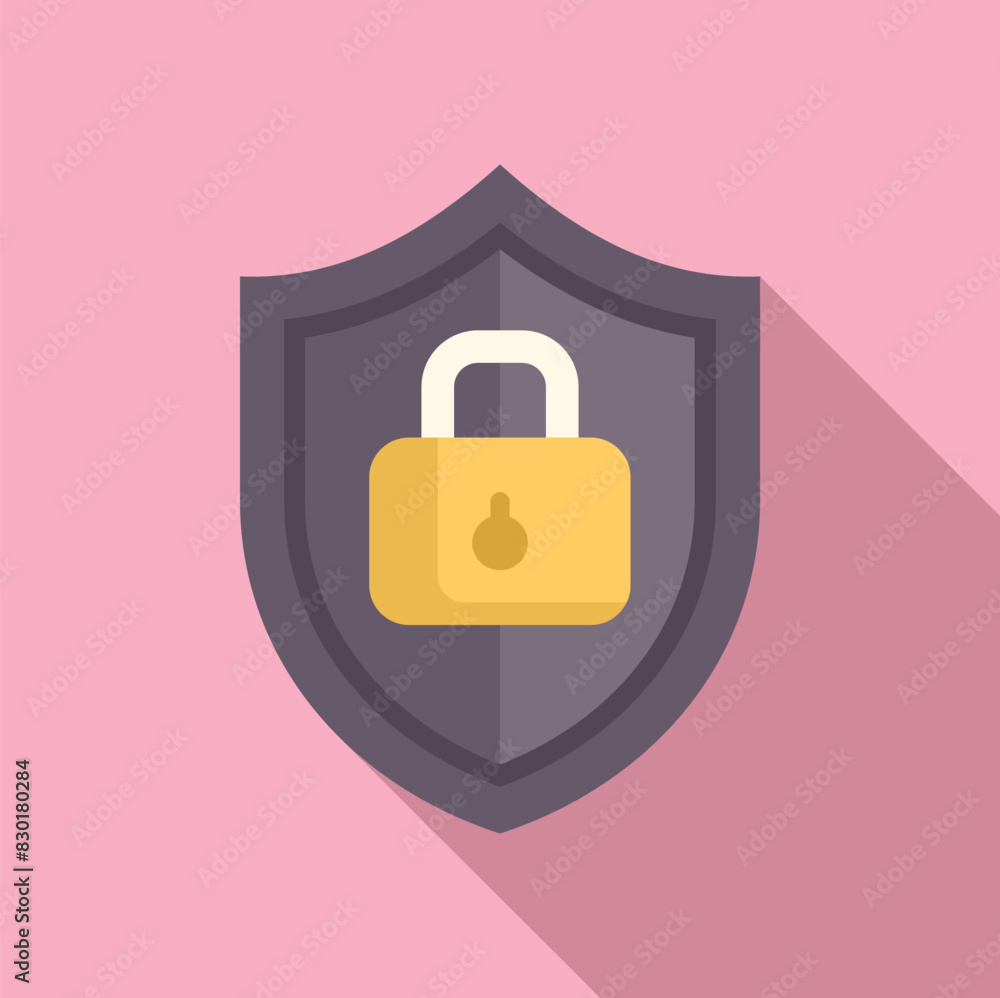 Poster flat design illustration of a shield symbol with a locked padlock, representing data protection and 