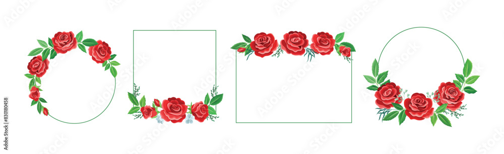 Poster rose frame with red lush bud and green leaves arranged in shape with border vector set