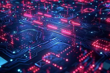 Obraz premium Close up of computer circuit board with red and blue lights