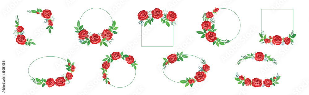 Poster rose frame with red lush bud and green leaves arranged in shape with border vector set