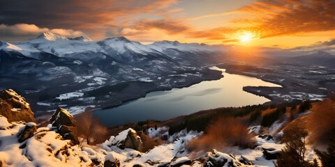 Obraz premium Scenic Sunset at Lake Annecy in Haute-Savoie with Snowy Surroundings. Concept Nature Photography, Winter Landscape, Snowy Sunset, Lake Annecy, Haute-Savoie