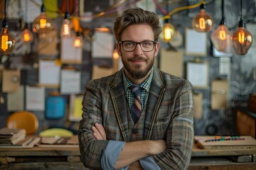 Obraz premium Man with glasses and plaid jacket in workshop