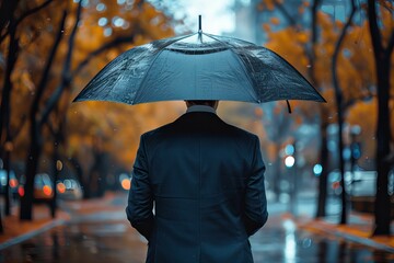 Man in black coat holding umbrella in rain
